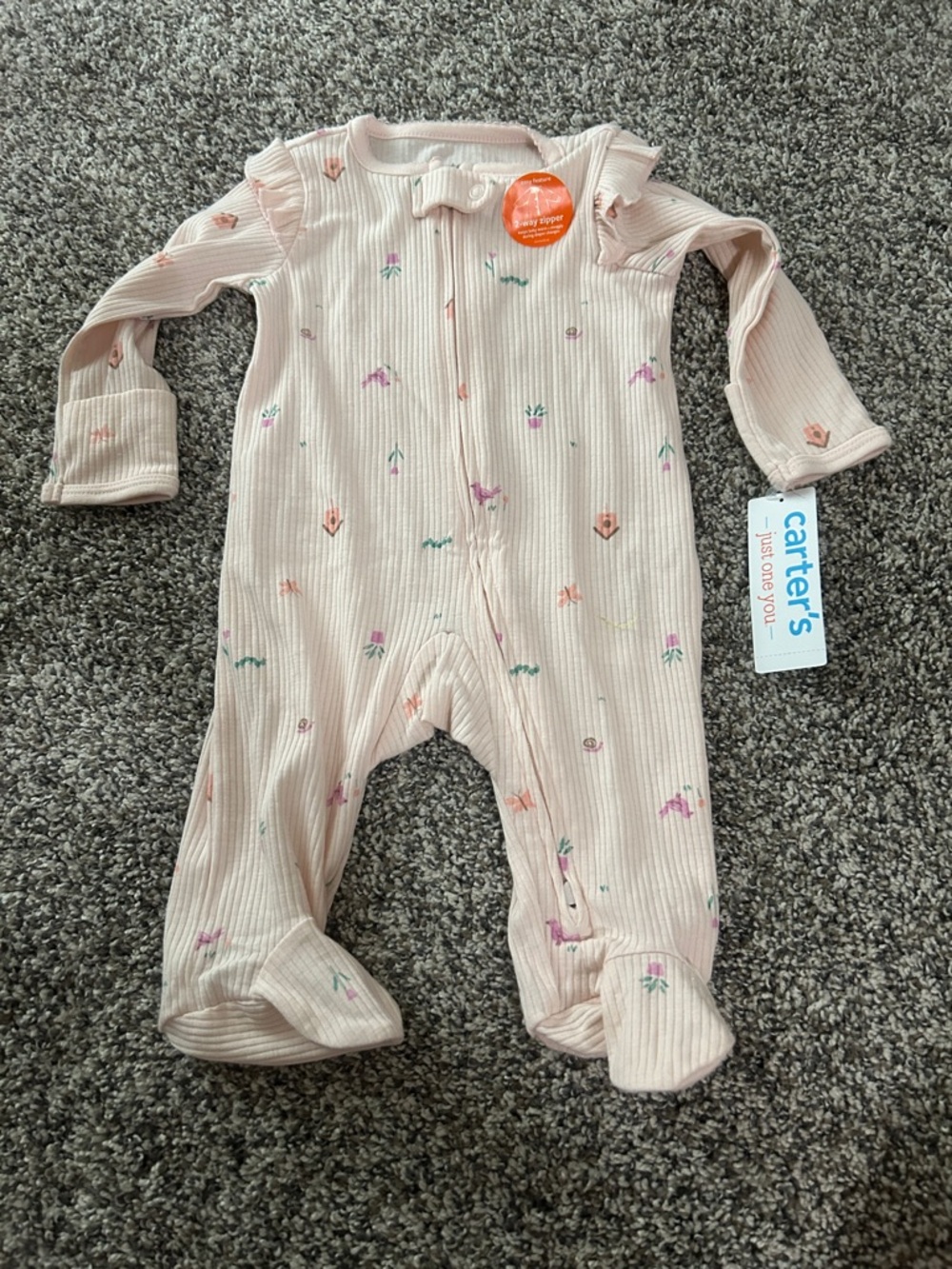 Carter's Pale Pink Ribbed Floral Footed One-Piece